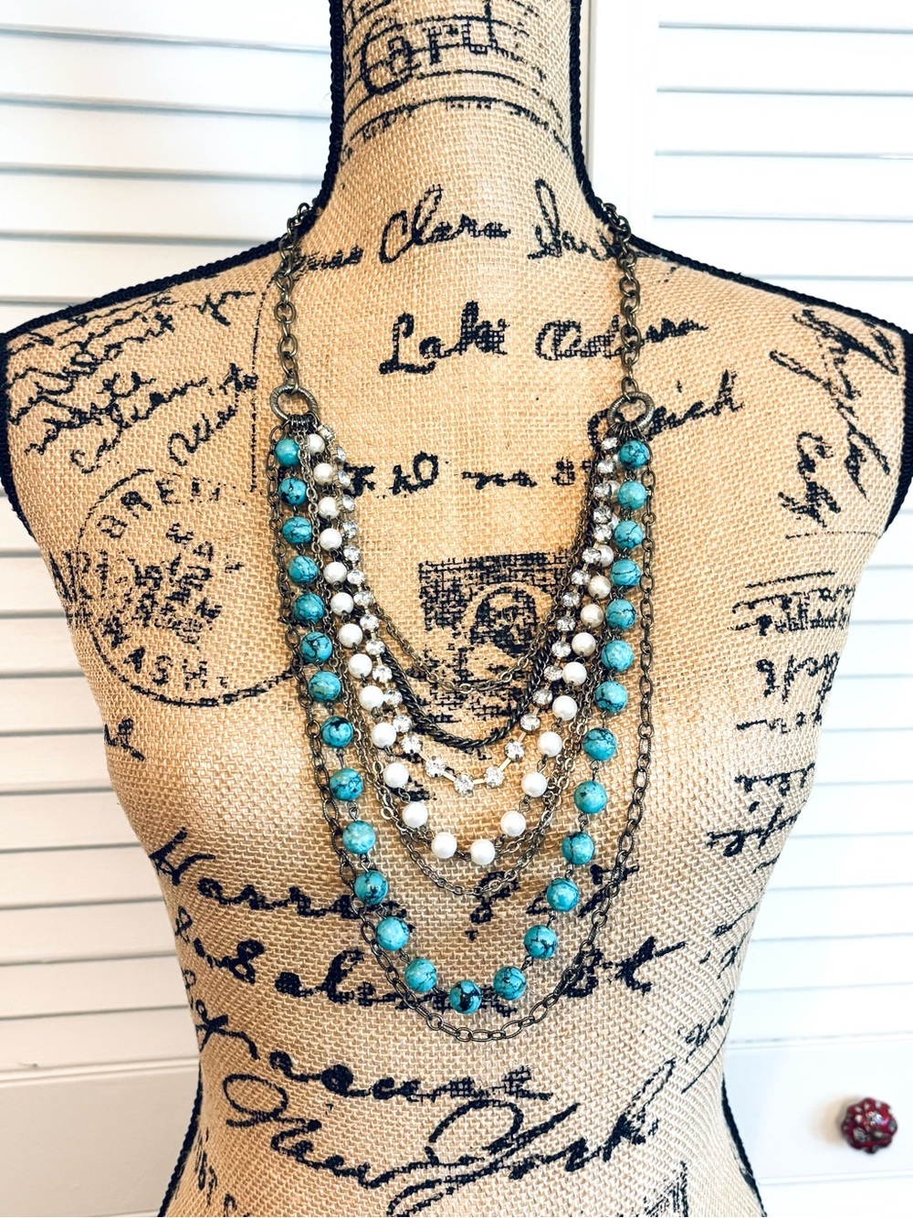 Lydell NYC Multi-strand Mixed Media Necklace with Turquoise Pearls Rhinestones